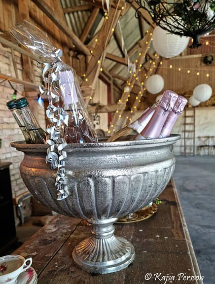 Champagnekylare med flaskor på en bardisk